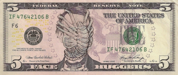 Abraham Lincoln Alien Face Hugger dollar bill